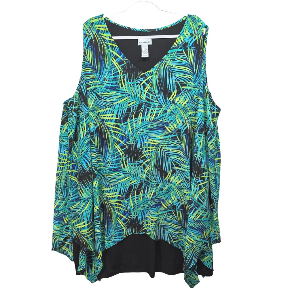 Catherines Shift Dress Womens 3X Tropical Palm Leaf Asymmetrical Sharkbite Green